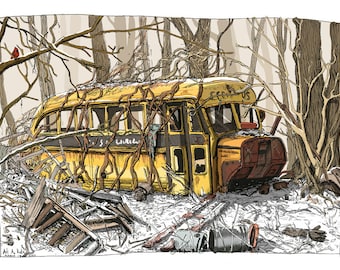 The old school bus Bloomington iIndiana, illustration Poster, Bloomington Art Print, Indiana University, Hoosier, antique cars illustration