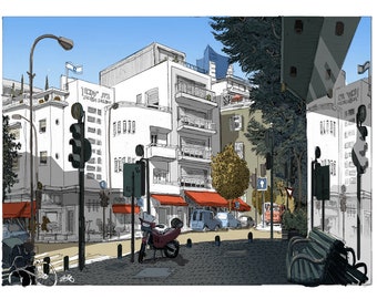 May include: A hand-drawn illustration of a street scene in a city. The scene features white buildings with red awnings, a red motorcycle, and a blue sky. The buildings have the text "1930" and "JACKSON BUILDING" on them.