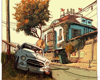 May include: A vintage white car parked on a street with a blue house in the background. The car has a license plate that reads "910-16-83".