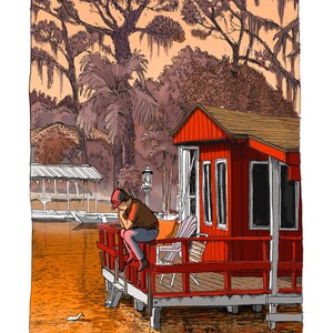 Puede incluir: Una cabaña de madera roja sobre pilotes sobre un lago con una persona sentada en la barandilla. La cabaña tiene una terraza de madera y una barandilla. El lago está tranquilo y el agua es de color marrón claro. Hay árboles en el fondo y el cielo es de color naranja claro. El texto "A. A. Katz. Christmas 2014. Apopka FL. (Bear Lake)" está escrito en la esquina inferior izquierda de la imagen.