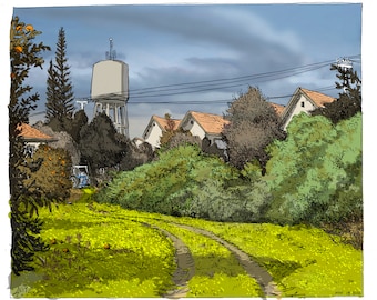 May include: A watercolor painting of a rural landscape with a water tower, houses, and a dirt road leading through a field of yellow wildflowers.