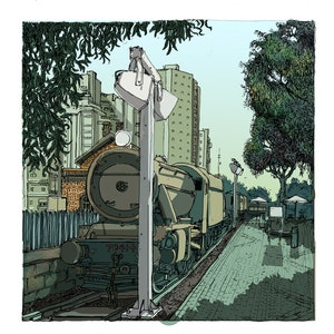 Puede incluir: Ilustración de un tren de vapor antiguo en una estación, con el número 70414 visible en la parte delantera. La escena está ambientada en una ciudad, con edificios y árboles al fondo. La obra de arte tiene un estilo dibujado a mano.