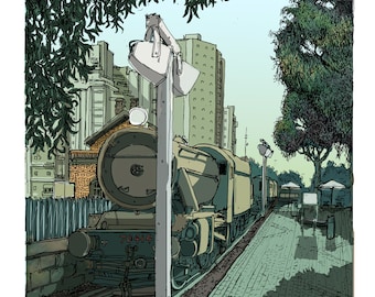 May include: An illustration of a vintage steam train at a station, with the number 70414 visible on the front. The scene is set in a city, with buildings and trees in the background. The artwork has a hand-drawn style.