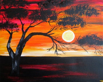 ORIGINAL WALL Art Living Room on Canvas WALL Decor Abstract Painting Contemporary Acrylic African Sunset Landscape Tree Modern by Tanja Bell