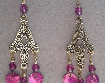 Purple Paua and Gold Dangle Earrings