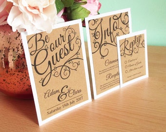 Be Our Guest Wedding Invitation Set. Includes Kraft Card on Hammered White Card Invitation, RSVP, Envelope and Venue Information.