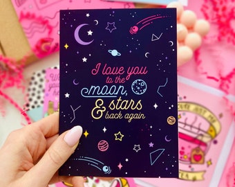 I Love You to the Moon, Stars and Back Again, Luxury Blue Greeting Card