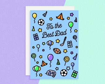 Tarjeta de felicitación del Día del Padre con fútbol, golf y camping