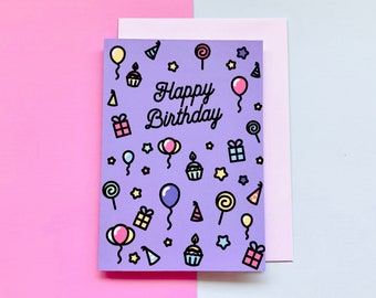 Happy Birthday Greeting Card with Cake, Balloons and Gifts.