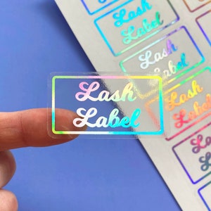 Clear Foil Eyelash Labels. Gloss Transparent Lash Packaging Stickers with Holographic or Coloured Foil.