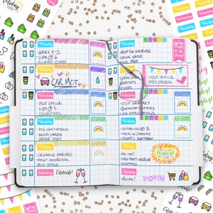 Zestaw naklejek Daily Planner. Śliczne naklejki Bullet Journal Diary. Naklejki Days of the Week. To Do List. Naklejki Shopping, Motivation, Work.