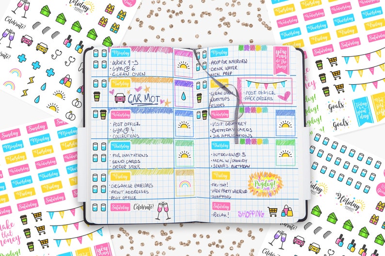 Daily Planner Sticker Set. Cute Bullet Journal Diary Stickers. Days of the Week Stickers. To Do List. Shopping Stickers, Motivation, Work. image 1