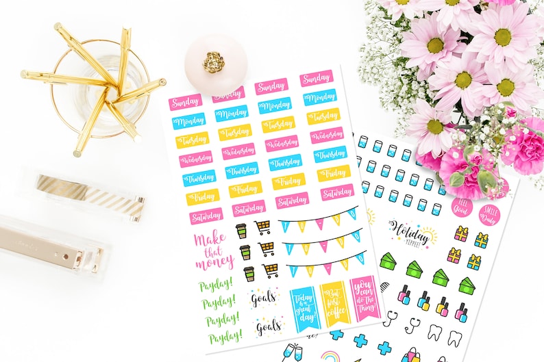 Daily Planner Sticker Set. Cute Bullet Journal Diary Stickers. Days of the Week Stickers. To Do List. Shopping Stickers, Motivation, Work. image 2