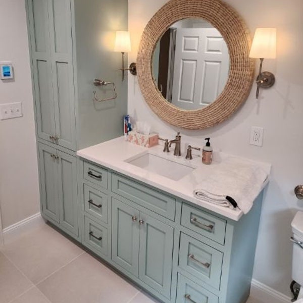 Soft Maple Bathroom Vanity With Linen Tower