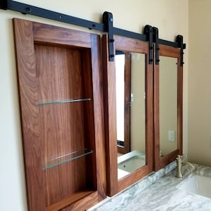 Barn door walnut medicine cabinet