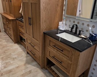 150" White Oak Bathroom Vanity, Double Sink with Linen Tower, Custom Handmade Solid Wood