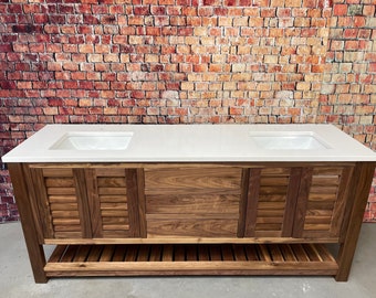 80" Black Walnut Vanity with White Quartz Top