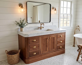 Custom Curved Black Walnut Bathroom Vanity Single Sink Base Cabinet