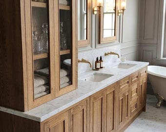 120" White Oak Bathroom Vanity, Double Sink with Linen Tower, Custom Handmade Solid Wood