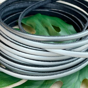 5mm Flat Leather  - Metallic Silver - 1M/39.4&quot; - High Quality Leather Made in Spain