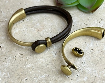 Button Top Half Cuff Bracelet Finding plus Double Strand Separator -  for use with Round Cord up to 4MM -Antique Brass - Zamak