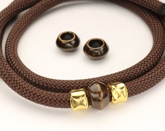 3pc KIT - Greek Ceramic Glitter Enamel Beads  - Glitter Cappuccino Brown - for 10MM Climbing Cord - Large Hole Beads