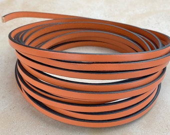 May include: A close-up of a coil of brown leather cord with black edging. The cord is about 1/2 inch wide.