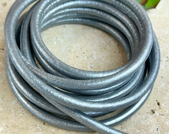5MM Round Leather Cord - Antique Silver - 2ft/24"
