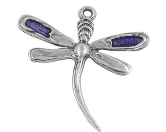 Enamel Dragonfly Pendant - Antique Silver - Purple - Statement Pendant Qty. 1
