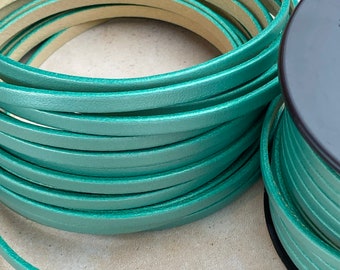 5MM Flat Leather - Metallic Turquoise Leather Cord - 2ft/24" - Genuine Leather Cord Made in Spain