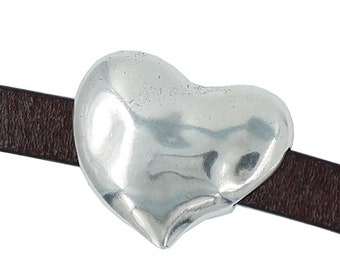 10MM Flat Leather Cord Slide- Silver Heart Slide for 10MM Cord - High Quality Metal Casting - Qty. 1