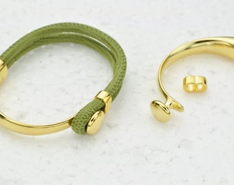 2pc Button Top Half Cuff Bracelet Finding w/matching Double Strand Separator -  for Round Cord up to 4MM - Gold  (Qty.1)