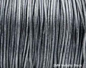 2MM Round Metallic Black Leather Cord - European Leather Cord - 1M/39.4"