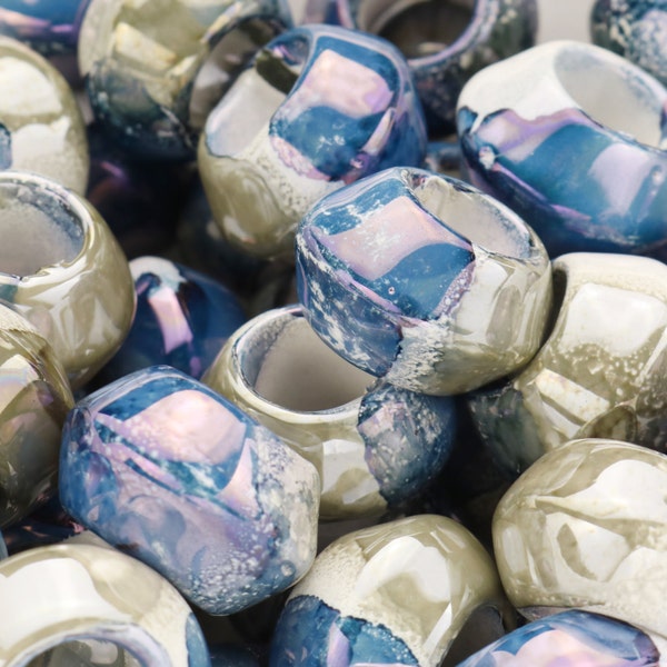 Beautiful Greek Ceramic Enamel Beads  - Blue/Taupe Multi - for 10MM Climbing Cord - Large Hole Beads