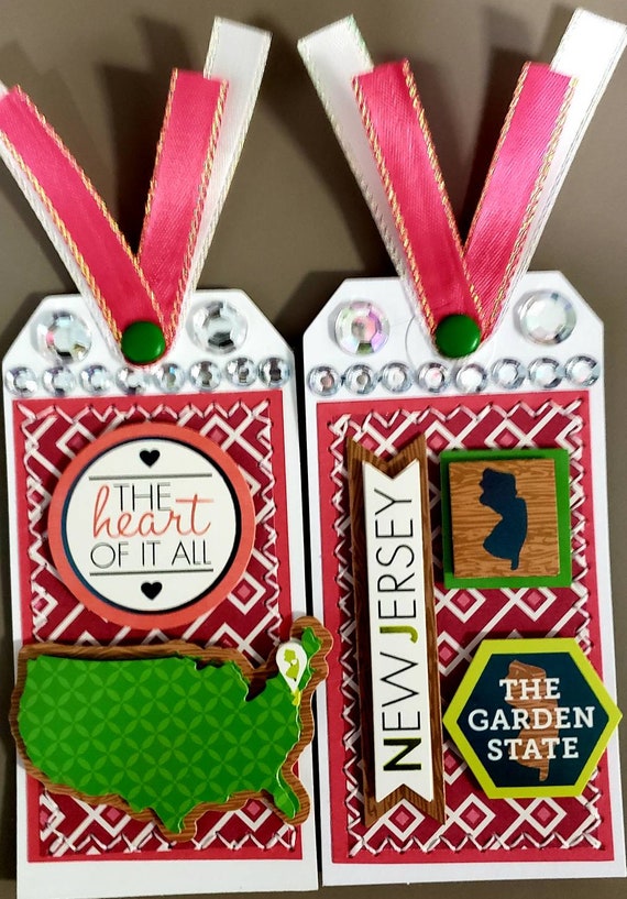 Smile CSC Premade Scrapbook PageCard Making SEWN Tags Set of 2