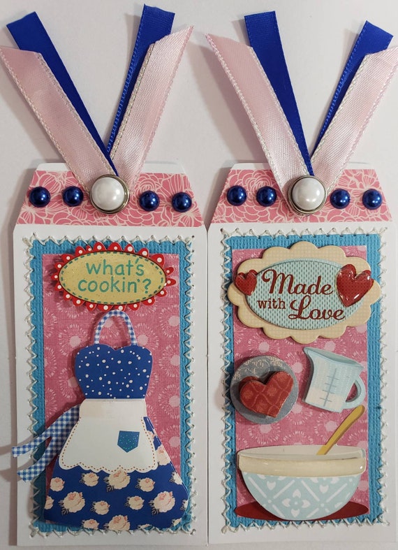 Smile CSC Premade Scrapbook PageCard Making SEWN Tags Set of 2