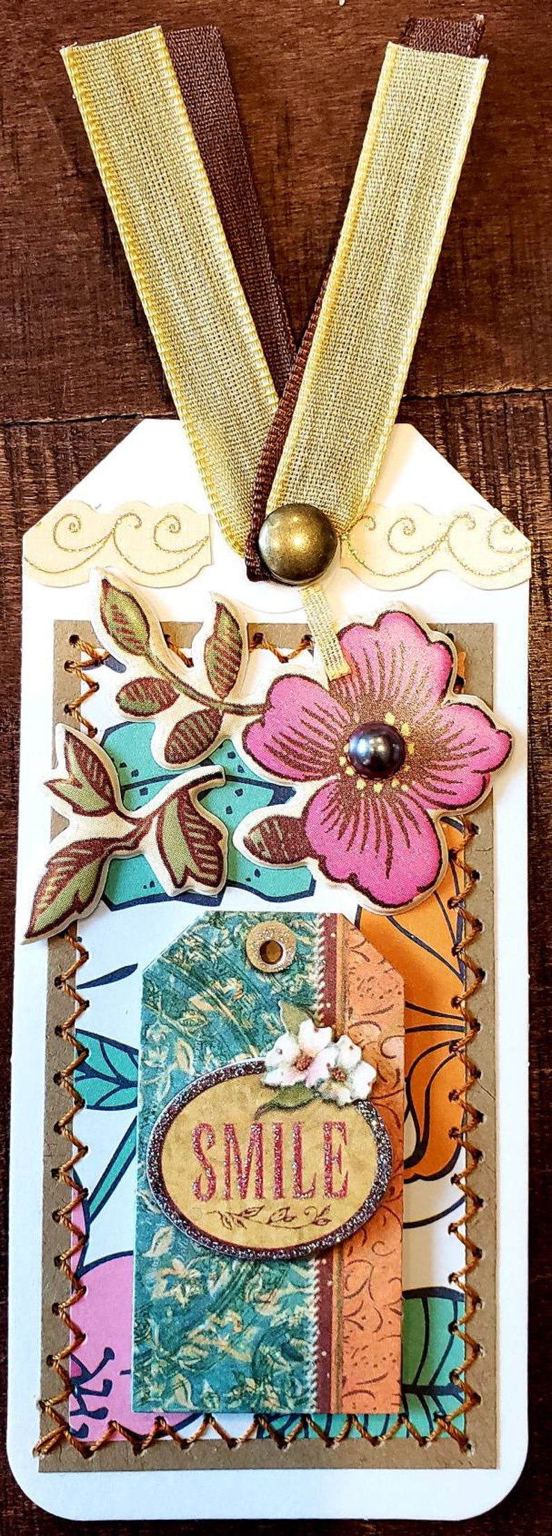 Smile CSC Premade Scrapbook PageCard Making SEWN Tags Set of 2