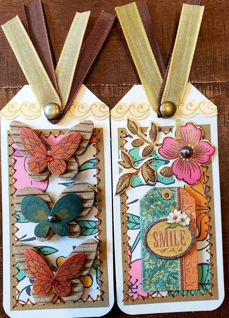 Smile CSC Premade Scrapbook PageCard Making SEWN Tags Set of 2