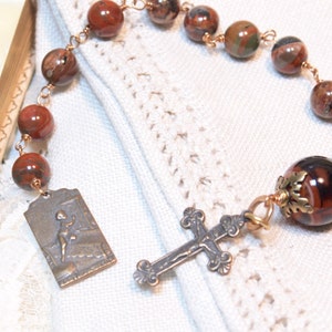 Handcrafted Artisan One-of-a-Kind Chaplet, Tenner, Pocket Rosary--Noreena Jasper, Banded Agate, “I Stand at the Door and Knock” bronze medal