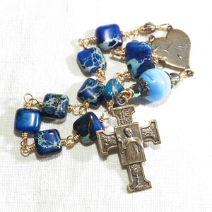 Handcrafted Artisan OOAK Sacred Heart Catholic Tenner, Pocket Rosary—Lapis Blue Impression Jasper, Vintage Bead, Swarovski, Solid Bronze