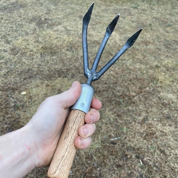 Hand Forged Garden Cultivator, steel tines and collar, solid oak handle.
