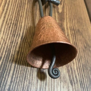 Copper bell, hand forged, small dinner bell, hammered copper with textured iron hanger and spiral clapper.