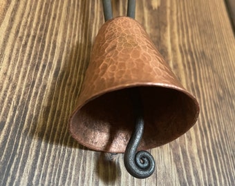 Copper bell, hand forged, small dinner bell, hammered copper with textured iron hanger and spiral clapper.