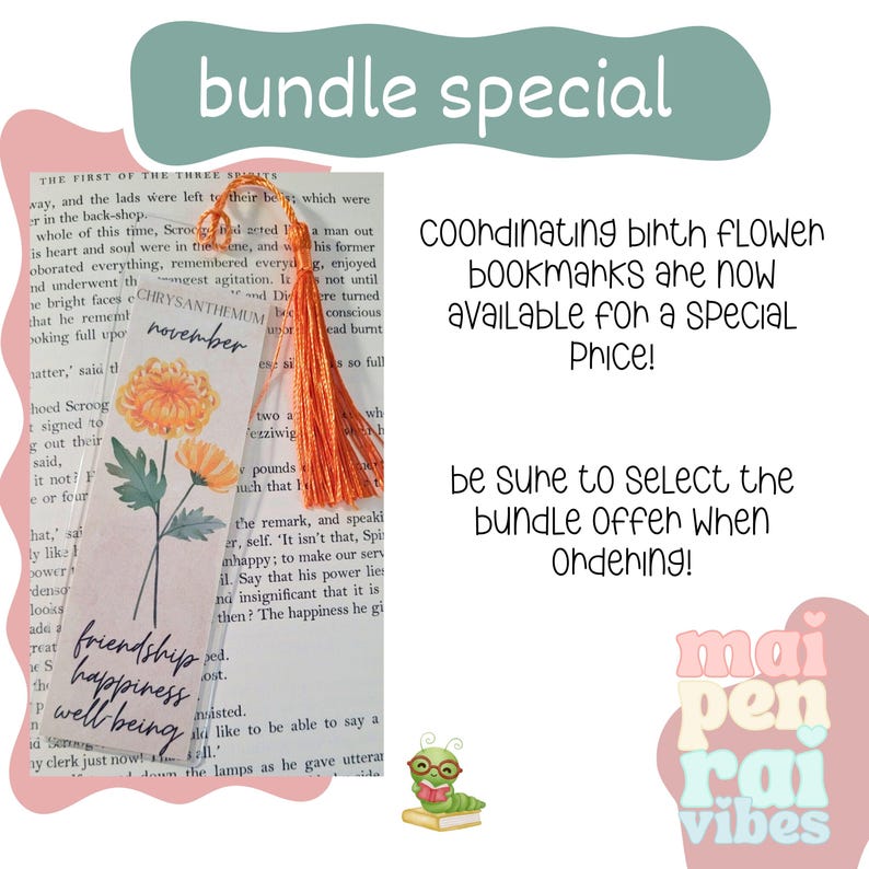 November Birthflower Month Birthday Card | Valentines Day | Friendship Card | Chrysanthemum | Card and bookmark bundle | November gift Bild 4