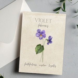 May include: A vintage-style card with a watercolor illustration of a violet flower. The card has the text "VIOLET february faithfulness wisdom loyalty" printed on it.