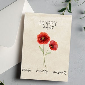 August Birthflower Month Birthday Card  | Valentines Day | Friendship Card  | Poppy | Sympathy | Summer birthday | Mothers Day Birth Flower