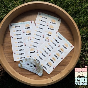 May include: Three rectangular sheets of white adhesive labels featuring the text the brave little dumpling, each sheet personalized with the names Nora, Sloane, or Saige, alongside small illustrations of dumplings and soy sauce, plus a crocheted dumpling.