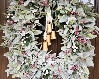 Large Oval Lambs Ear and Mistletoe Christmas Wreath, Frosted Wintery Front Door Hanger, Frosted Bells, Traditional Outdoor Porch Decor