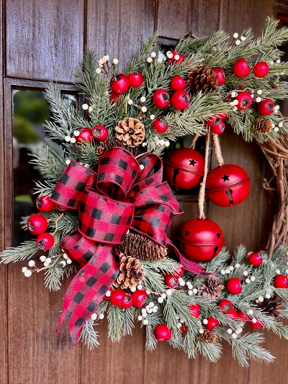 BIG RED BELLS W Black N Red Checked Bow Christmas Wreath, Traditional Front  Door Decor, Farmhouse Wreath, Pine N Red Berries Christmas Decor 