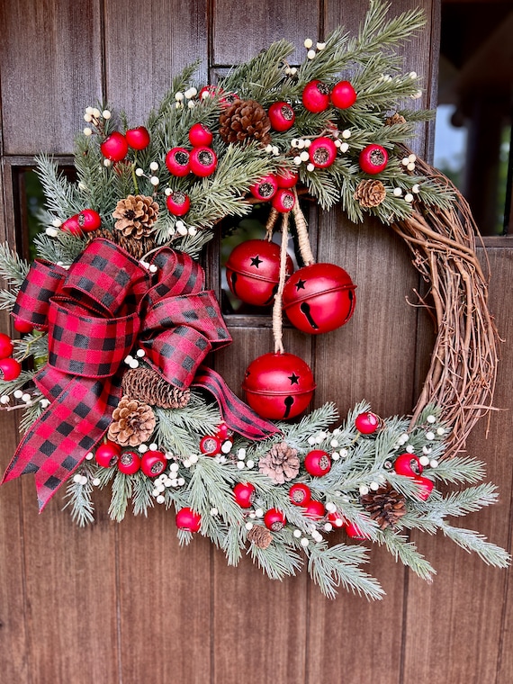 BIG RED BELLS W Black N Red Checked Bow Christmas Wreath, Traditional Front  Door Decor, Farmhouse Wreath, Pine N Red Berries Christmas Decor 